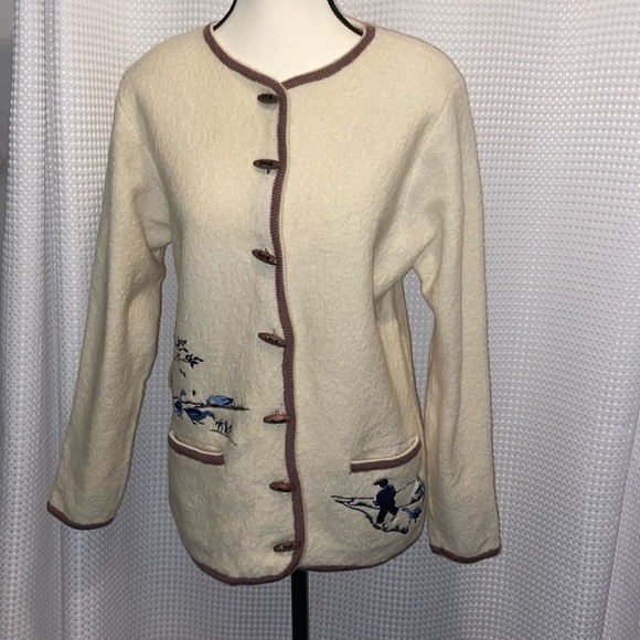 Vintage Sweaters - Vintage cream‎ boil wool Cardigan wood buttons embroidery size small